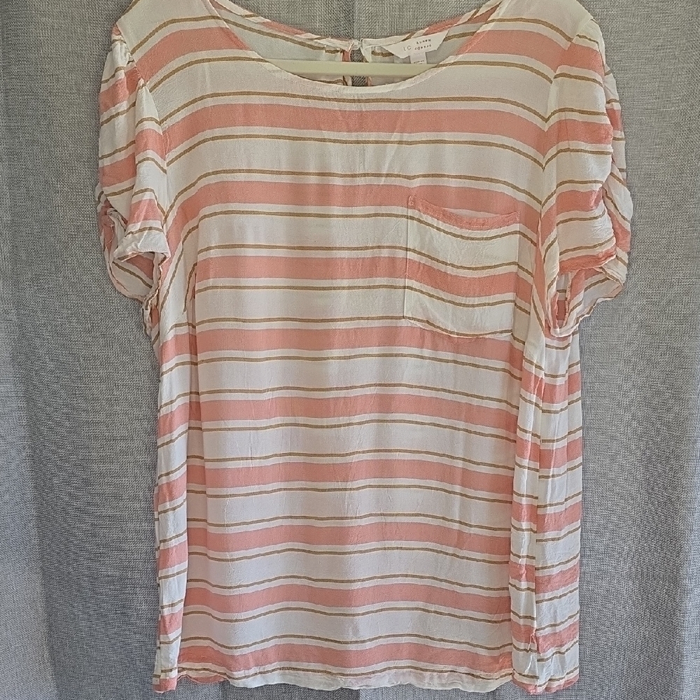 LC Lauren Conrad Coral and White Striped Short Sleeve Top I2 CL2025332